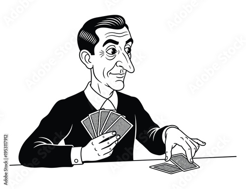 Cartoon illustration of a cheerful man in a suit playing cards at a table with a sly expression on his face showing a playful card trick or gambling scene