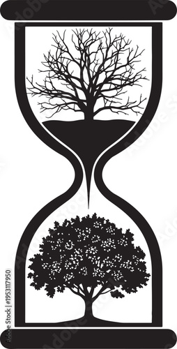 Hourglass with a bare tree on top and a leafy tree below, symbolizing passage of time, life cycles, and seasonal change, representing growth and decay
