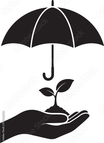 Umbrella sheltering young plant sprout held in human hand silhouette representing environmental protection insurance and nurturing growth of nature