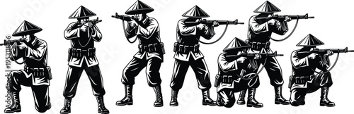 Black and White Vector Illustration of Vietnamese Soldiers in Conical Hats Holding Rifles in Various Tactical Combat Poses and Stances