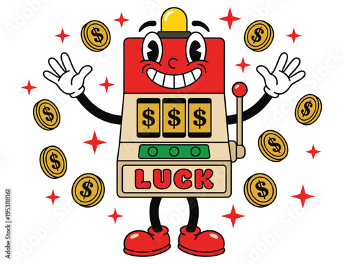 Cute cartoon slot machine character with arms and legs celebrating with flying coins around it showing luck and winning concept