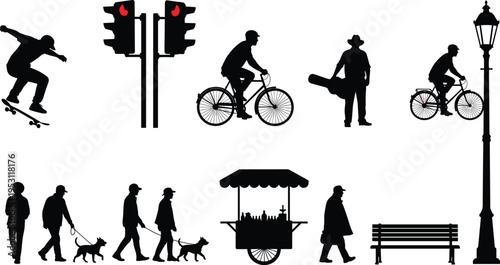 Black City Life Silhouettes Set with Pedestrians Walking Dogs Cyclists Skateboarder Street Food Cart Traffic Lights Park Bench and Lamp Post