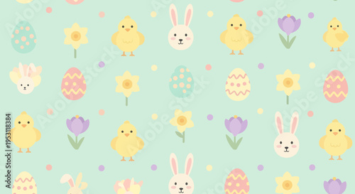 Easter Seamless Pattern with Eggs and Spring Elements Flat Vector Background