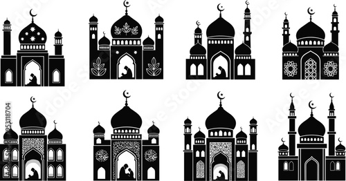 Set of black mosque silhouette icons with crescent moon domes and decorative Islamic patterns for Ramadan Kareem and Eid Mubarak designs. (