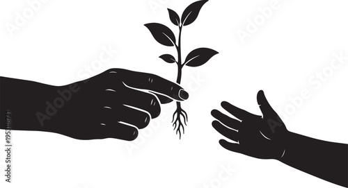 Hand giving plant to another hand vector graphic depicts human connection and nurturing of new life