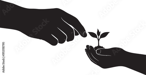 Large hand passing small plant to smaller hand vector graphic representing generational transfer of care