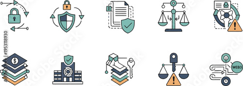 AI Governance Compliance and Cybersecurity Law Flat Linear Icon Set