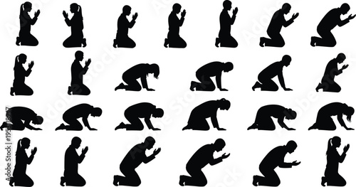Set of silhouettes depicting people praying kneeling and bowing in worship meditation and spiritual devotion for religious and mindfulness concepts