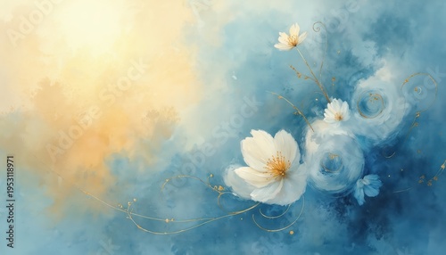 Soft watercolor painting with white flowers and golden swirls on blue background. Gentle yellow light illuminates delicate petals, creating serene spring atmosphere and peaceful mood.