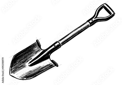 Detailed sketch of a garden shovel with a D-shaped handle on a white background