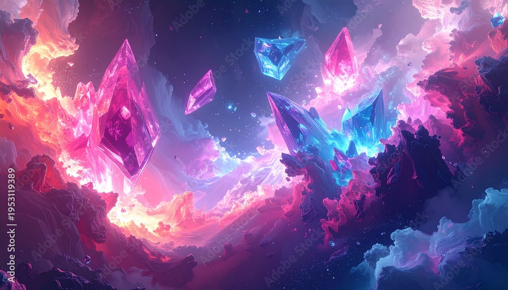 Fototapeta premium Vibrant cosmic crystal formations with glowing energy in mystical fantasy landscape
