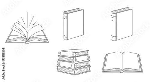 outline book illustrations depicting open and closed forms symbolizing knowledge education and literature concepts.