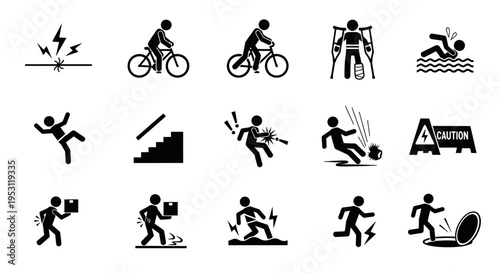 stick figure icons illustrating common accidents safety hazards injuries and risks for workplace safety and warning signs.