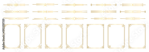 Gold photo frame and text dividers set. Deco , glowing geometric boarder and vintage separators for wedding invitations. Decorative elements with golden line ornament.