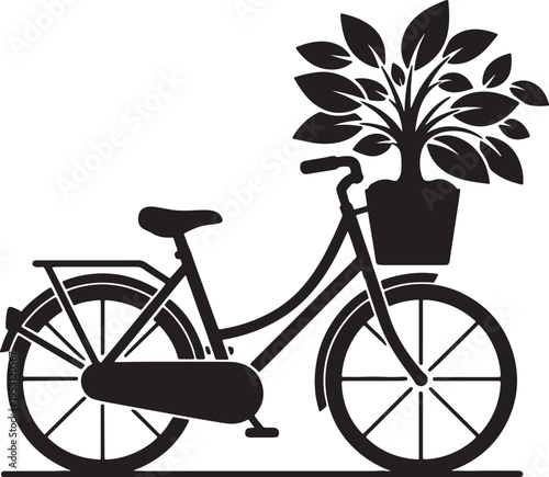Vintage bicycle with potted plant in front basket symbolizing eco friendly transportation and green living countryside nature beauty healthy lifestyle