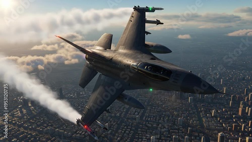 F 16 fighting falcon streaks over a city at sunset, firing a wing mounted missile during a tactical sortie, showcasing air superiority and precision strike capability