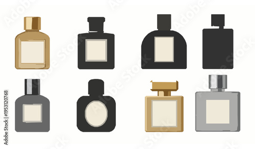 Perfume fragrance bottle packaging vector mockup set for cosmetic branding and advertising