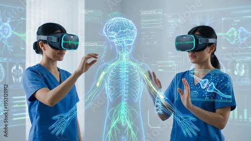 Two female medical professionals in a futuristic laboratory using vr headsets to interact with a holographic interface, analyzing the human nervous system, brain, and synaptic activity