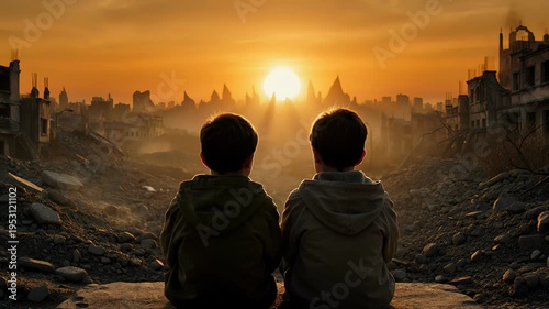 Two young boys, survivors of a conflict, sitting together amidst the rubble of a war torn city, finding a moment of peace and hope as they watch the beautiful sunset on the horizon