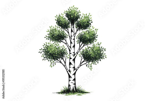Stylized illustration of a birch tree with lush green foliage and a white trunk