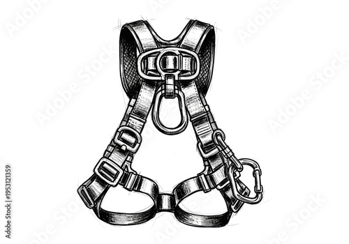 Detailed sketch of a climbing harness with carabiners and metal rings on a white background
