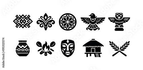 Collection of indigenous cultural symbols and icons representing heritage and tradition