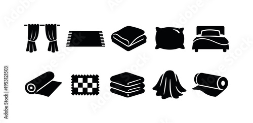 Collection of textile and bedding icons including curtains, rugs, blankets, pillows, and beds