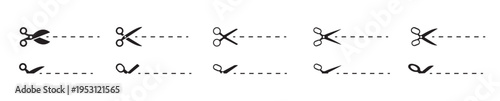 Scissors cut line icon set. Open scissor with dashed cutting paths, line cutting signs