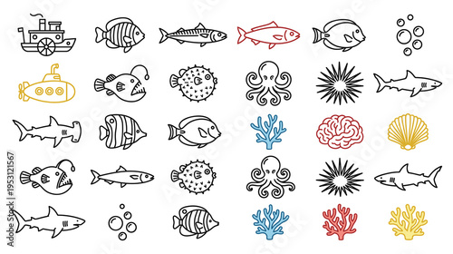Sea life outline vector icons with fish sharks and marine animals