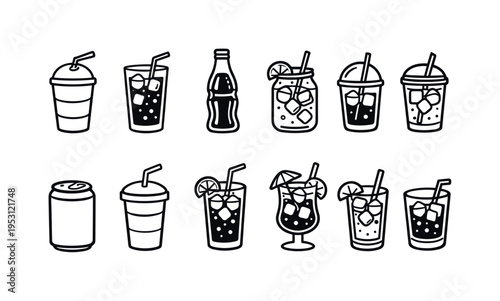 Collection of refreshing cold drinks and beverages in various containers with ice