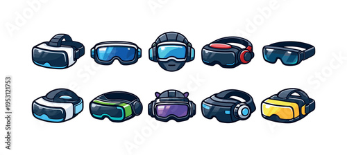 Collection of diverse virtual reality headsets and goggles in a cartoon style