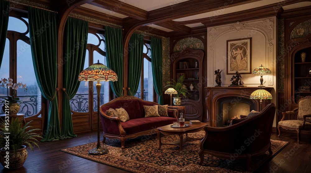 Naklejka premium Luxurious Art Nouveau Living Room Interior with Stained Glass Lamps and Fireplace