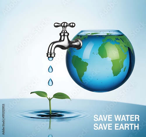 Water droplet falling from a tap onto a globe symbolizing conservation