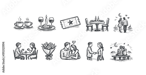 Collection of romantic couple activities and moments depicted in a charming sketch style