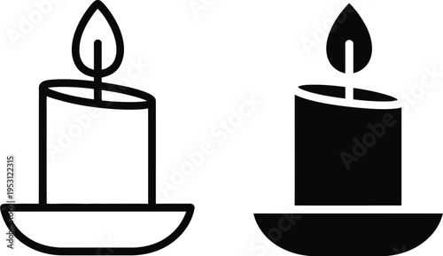 Candle icons set, black white minimalist illustration, line art and solid silhouette, simple flame and base design, clean vector style, white background