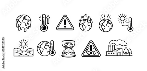 Global warming and climate change icons representing environmental crisis and danger