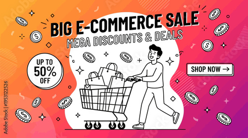 Big E-Commerce Sale Promotion with Shopping Cart and Coins