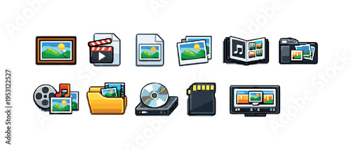 Collection of digital media icons including photos, video, music, and storage devices