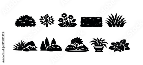 Collection of black silhouette icons representing various plants and garden elements