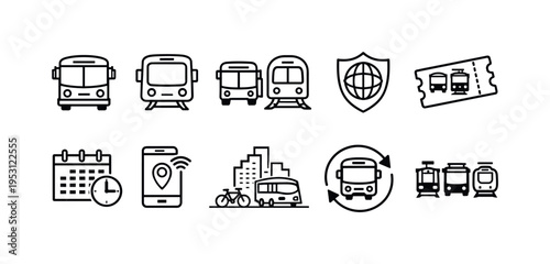 Collection of public transportation and travel icons in a clean line art style