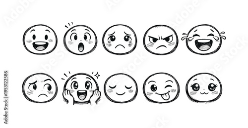 Collection of hand-drawn emoji faces expressing various emotions in a doodle art style