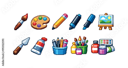 Pixel art collection of art supplies and creative tools for drawing and painting
