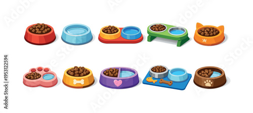 Collection of colorful pet bowls filled with food and water, illustrated in a cartoon style
