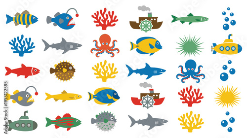 Sea life color vector icons with tropical fish and marine animals
