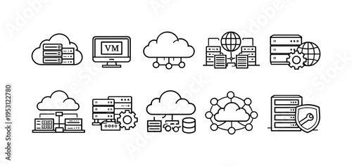 Collection of cloud computing and server icons representing data storage and network infrastructure