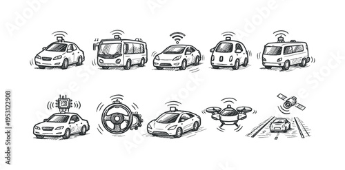 Collection of hand-drawn sketches representing various autonomous vehicles and smart transportation concepts