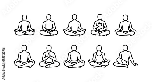 Collection of simple line art icons representing people meditating in various yoga poses