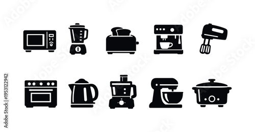 Collection of modern kitchen appliance icons in a clean, minimalist black silhouette style