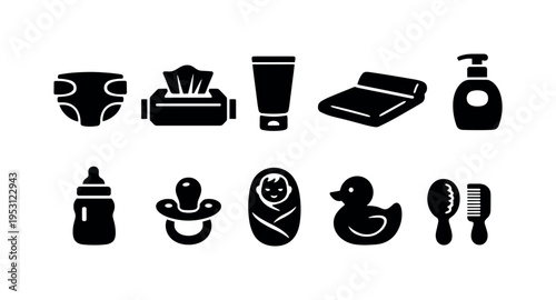 Collection of black icons representing essential baby care items and accessories