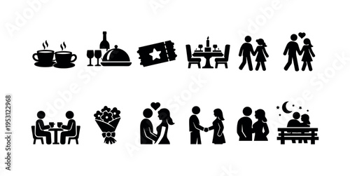 Collection of romantic date icons representing couples enjoying various activities together